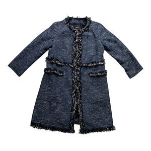 Theory Coat Women's Large‎ Blue Zarafilla Indigo Tweed Fringe Trim Work Career